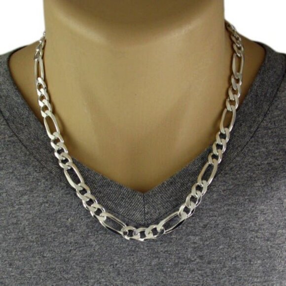 STERLING SILVER FIGARO CHAIN NECKLACE 9MM (GAUGE 250). AVAILABLE IN 5 LENGTHS. - Picture 3 of 3
